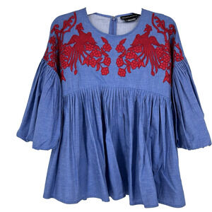 Hemant & Nandita Chambray Babydoll Top Blue Embroidered Balloon Sleeve Size XS